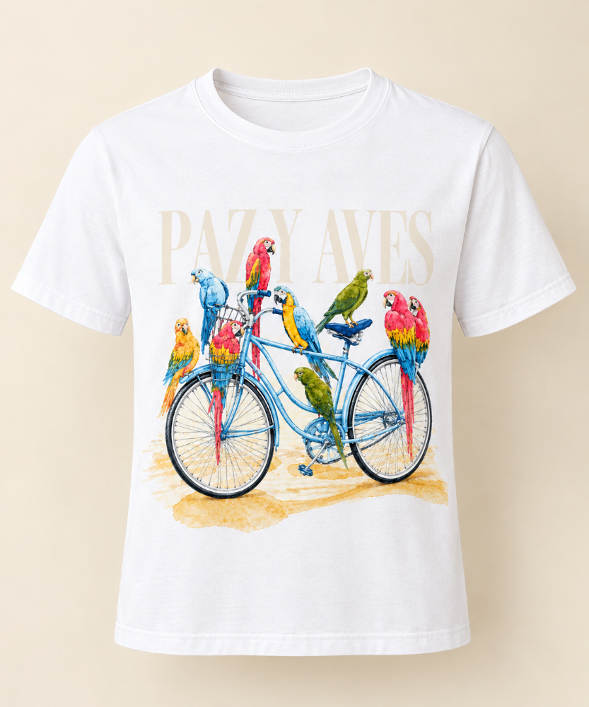 Camiseta blanca estampada bicicleta con loros