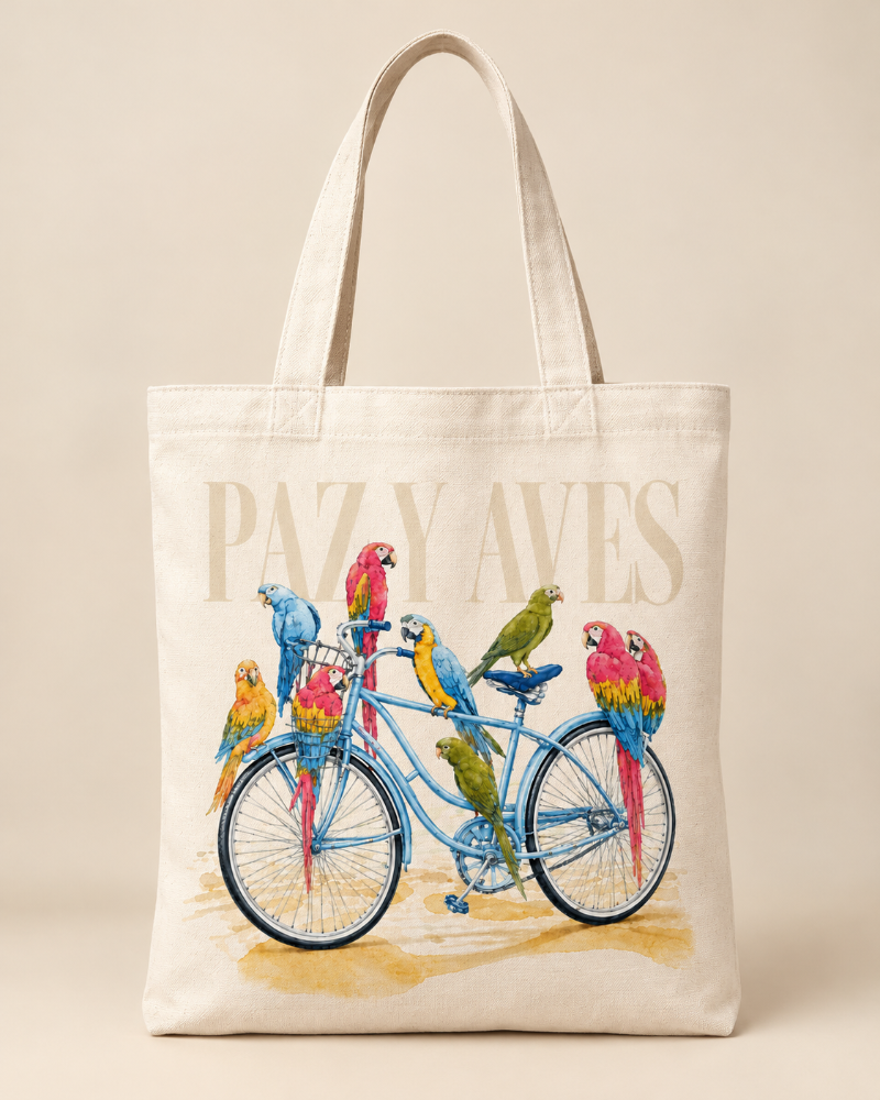 Bolsa tote beige estampada bicicleta con loros