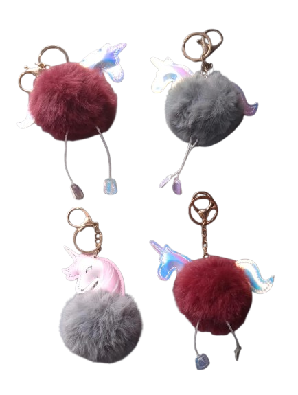 LLAVERO EN FORMA DE BOLA Y UNICORNIO PELUDO
