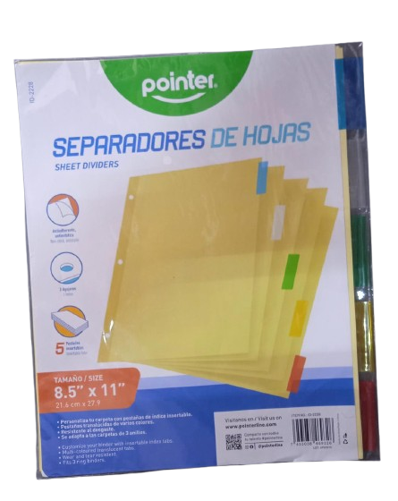 SEPARADORES DE HOJAS X 5 TAMAÑO 8,5" X 11 MARCA POINTER