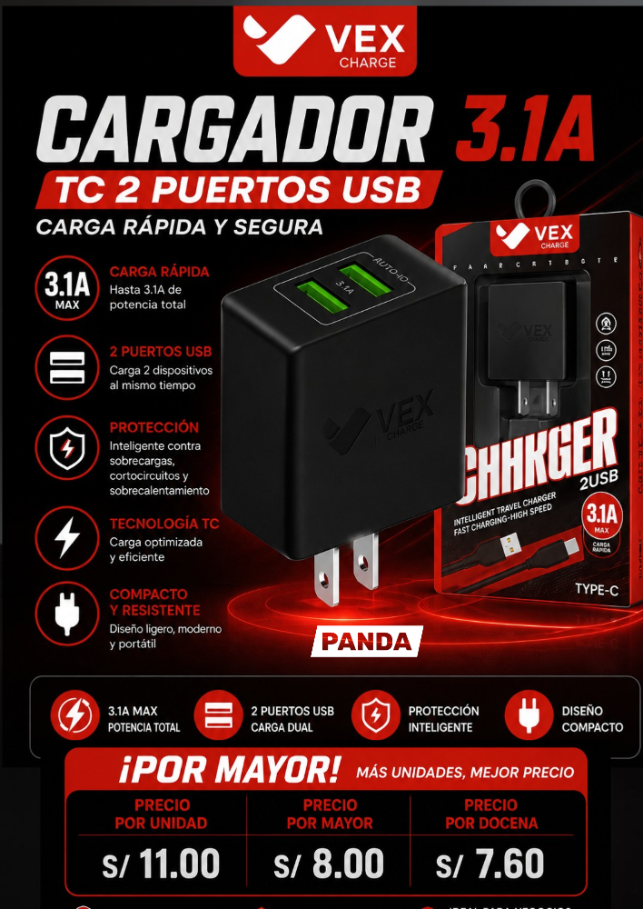 CARGADOR VEX 3.1 TC 2 PUERTOS USB PROD285