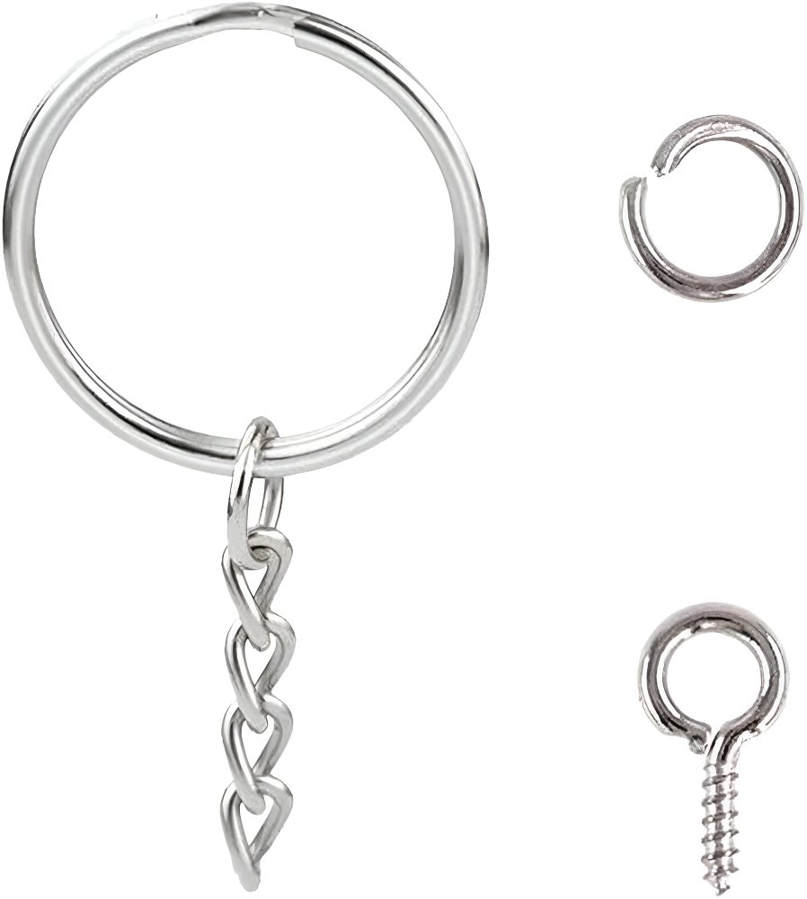 Argollas plateada para llaveros argolla y mini tornillos de 1cm. Contiene 5 Unidades