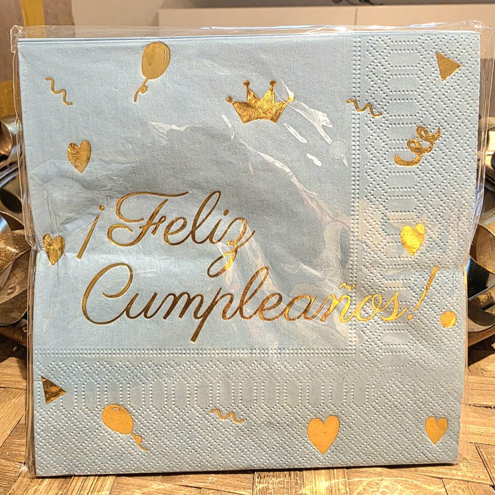 Servilleta Celeste Feliz Cumpleaños Dorada x 12 u