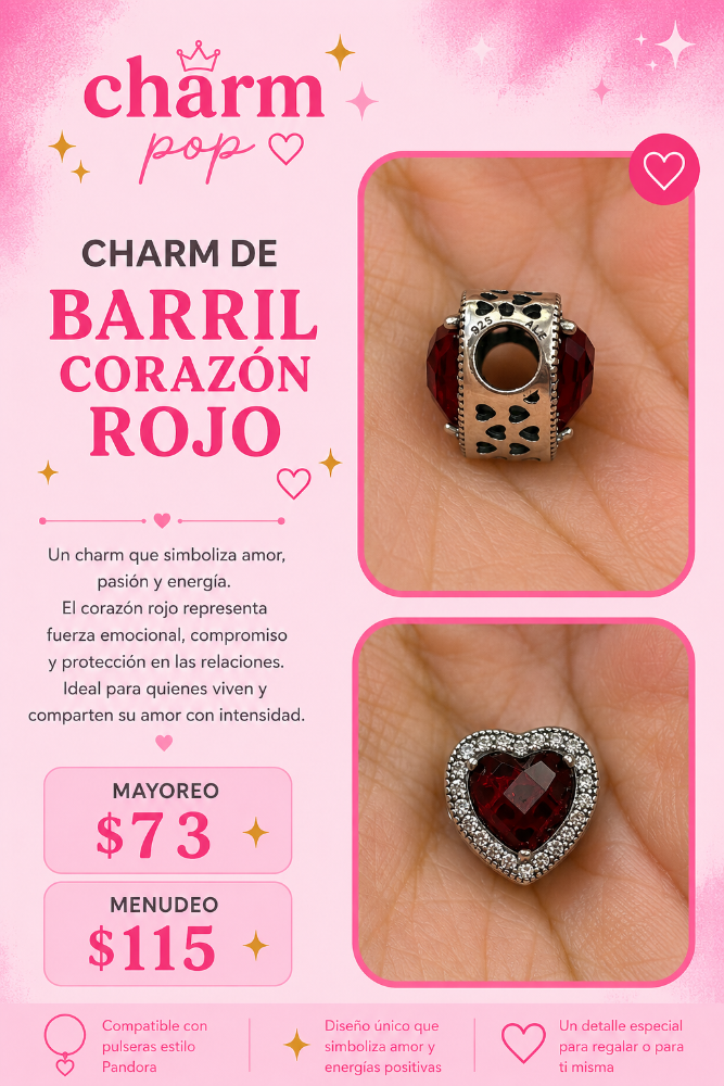 CHARM DE BARRIL DE CORAZON ROJO