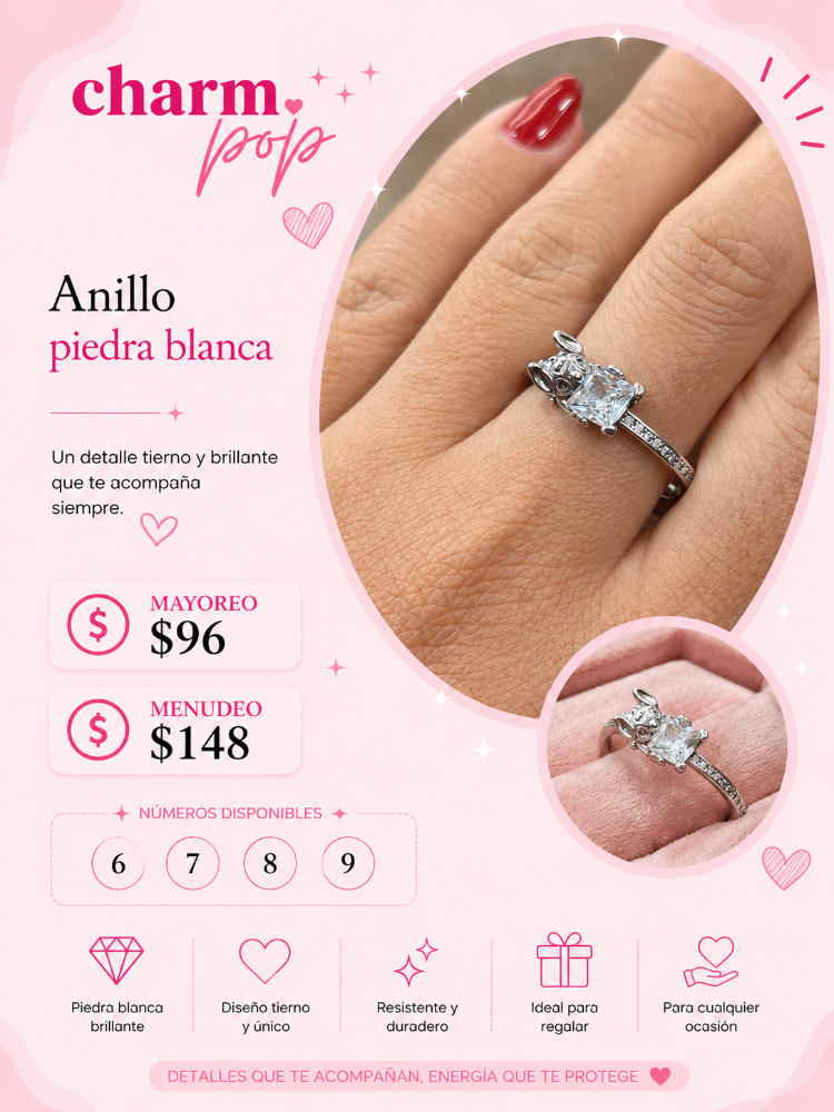 ANILLO DE STITCH CON PIEDRA CUADRADA  BLANCA ASCB96
