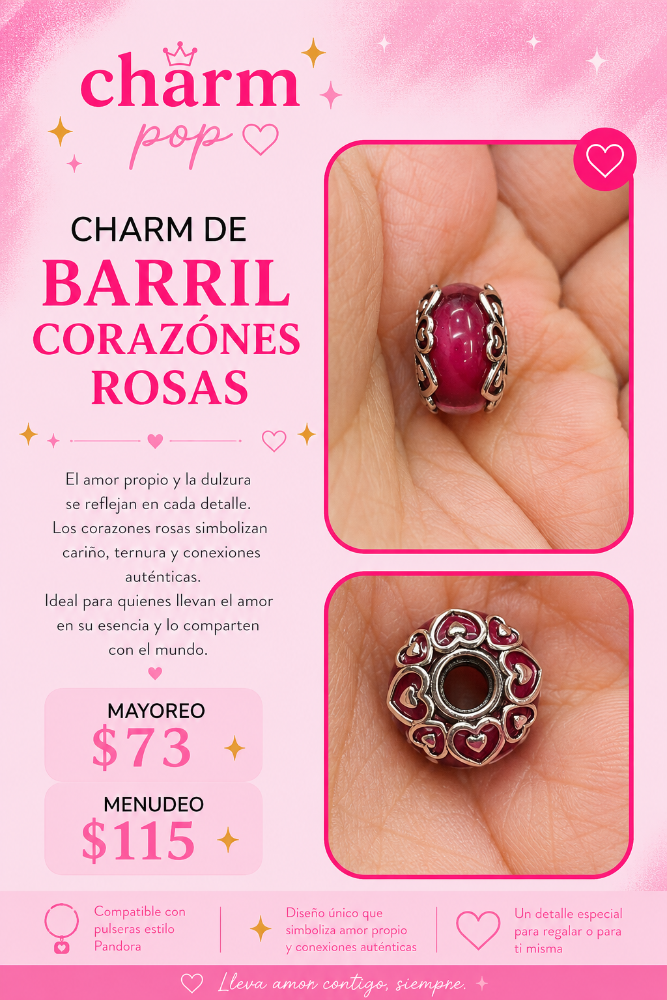 CHARM DE BARRIL DE CORAZONES ROSAS