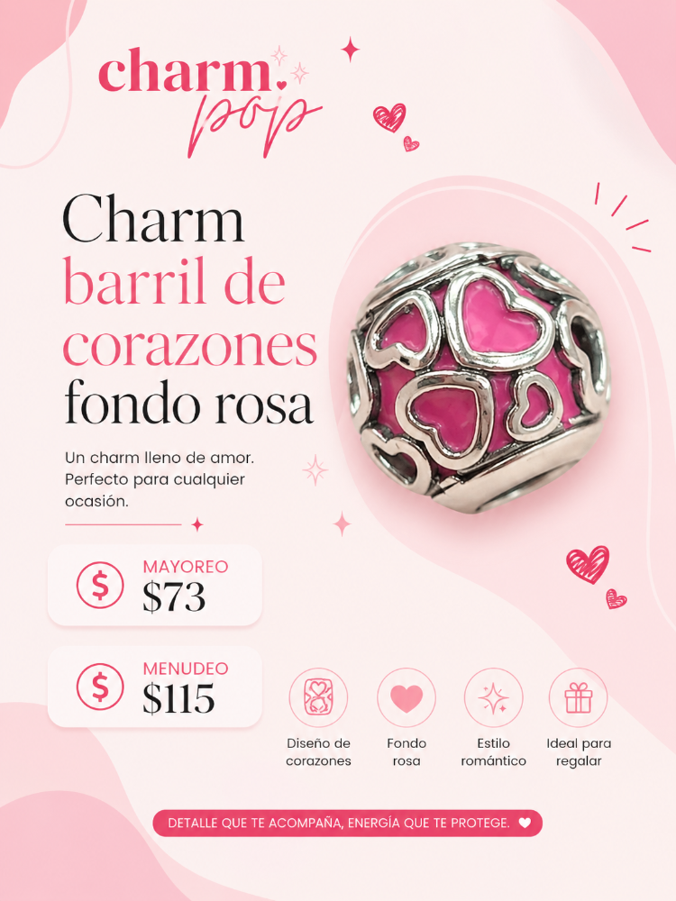 CHARM DE BARRIL DE CORAZONES CON FONDO ROSA
