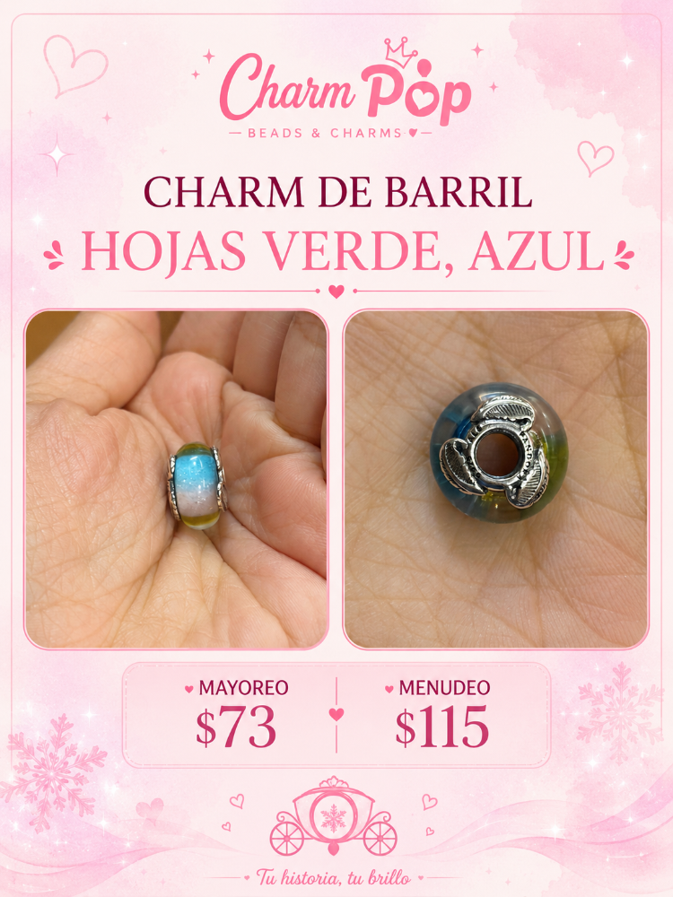 CHARM DE BARRIL DE HOJAS VERDE CON AZUL