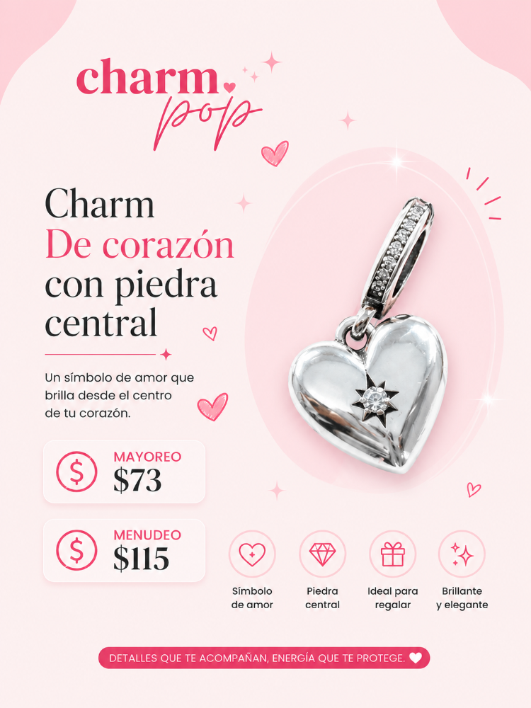 CHARM DE CORAZON CON PIEDRA CENTRAL