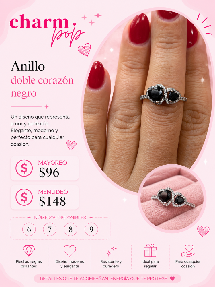 ANILLO DE CORAZON DOBLE NEGRO