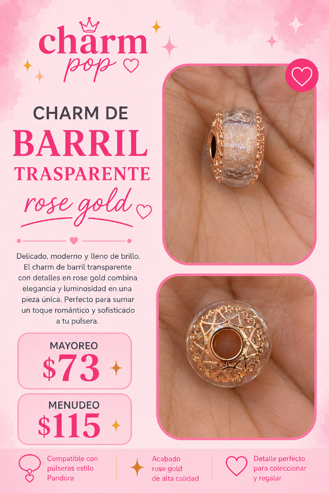 CHARM DE BARRIL TRANSPARENTE ROSE GOLD
