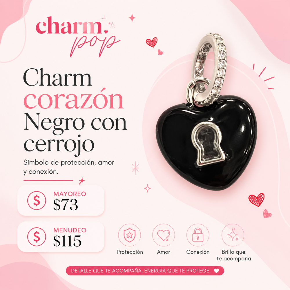 CHARM DE CORAZON NEGRO CON CERROJO