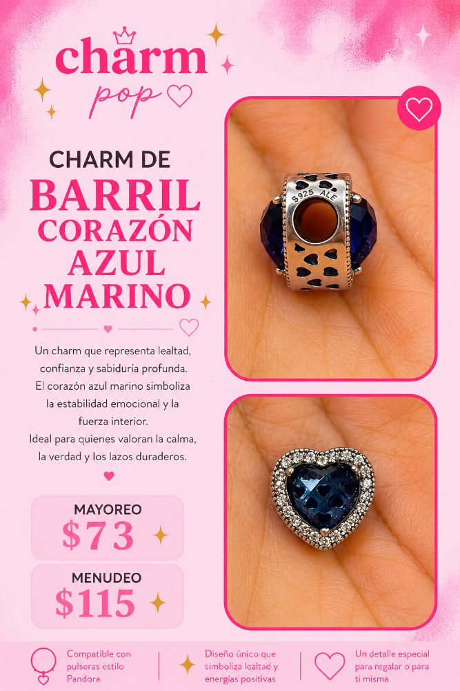 CHARM DE BARRIL CORAZON AZUL ÍNDIGO