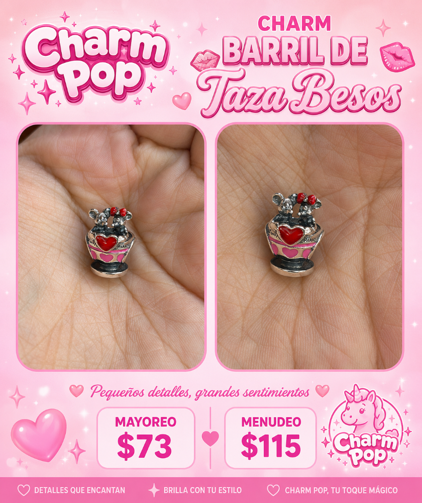 CHARM DE BARRIL DE TAZA DE BESOS MICKEY Y MINNIE