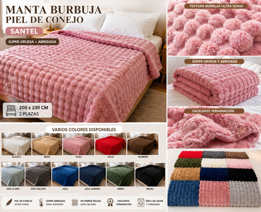 MANTA BURBUJA PIEL DE CONEJO 200CM X 230CM "SANTEL"