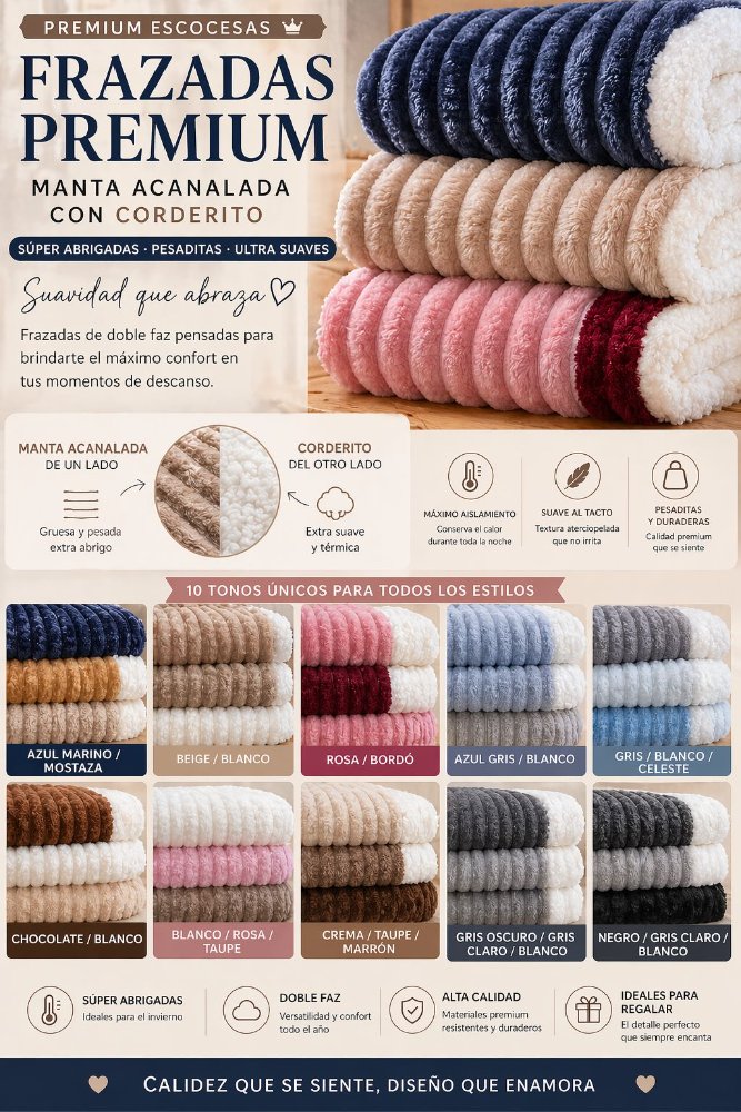 FRAZADA ACANALADA ESCOCESA GRUESA CON CORDERITO PREMIUM (2 PLAZAS) 200 CM X 230CM