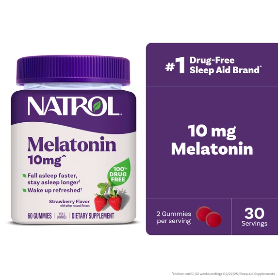 Natrol 10mg Melatonin Gomitas, Suplementos para Dormir, 60 Gomitas de Fresa, Suministro para 30 Días