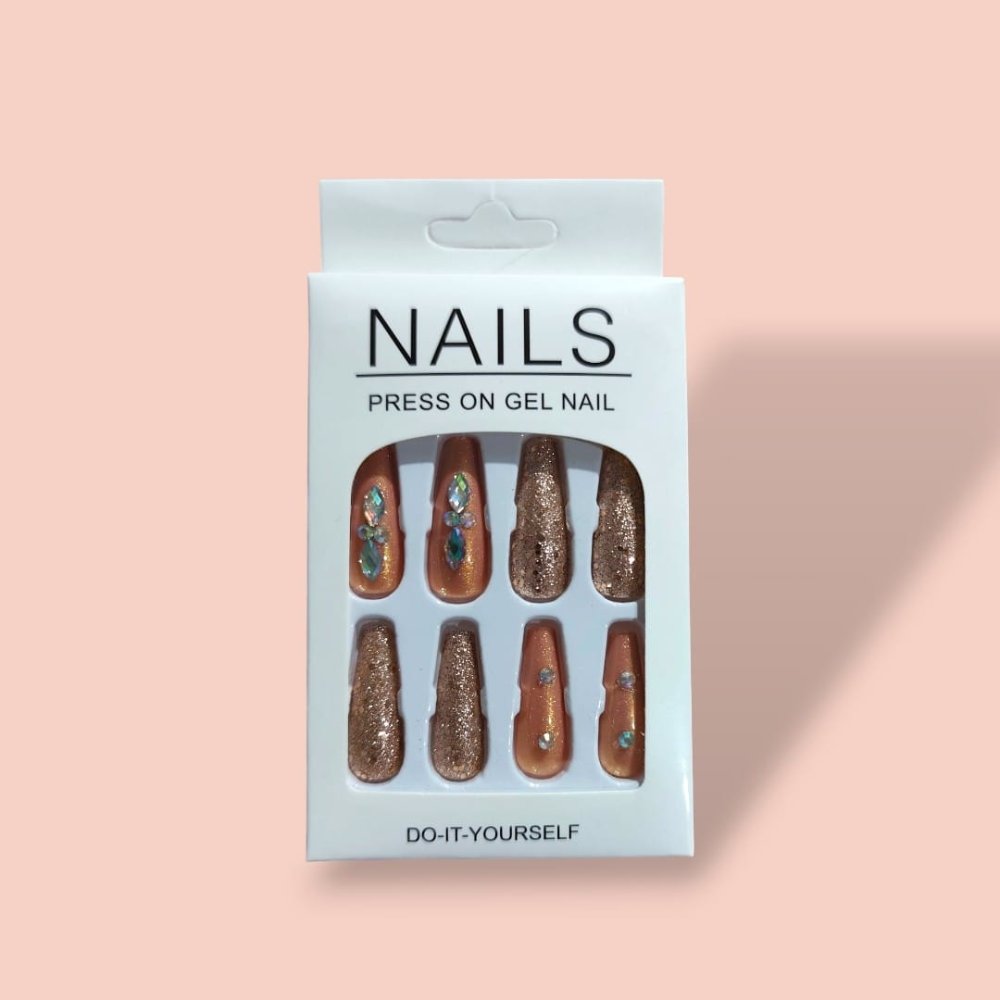 CARTELA DE UÑAS POSTIZAS ADHESIVO NARANJA - BRILLO -  12 PIEZAS
