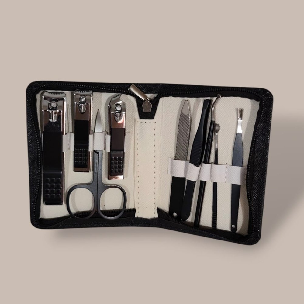 KIT MANICURA HERMOSO CON 9 PIEZAS CON ESTUCHE NEGRO  ACERO INOXIDABLE