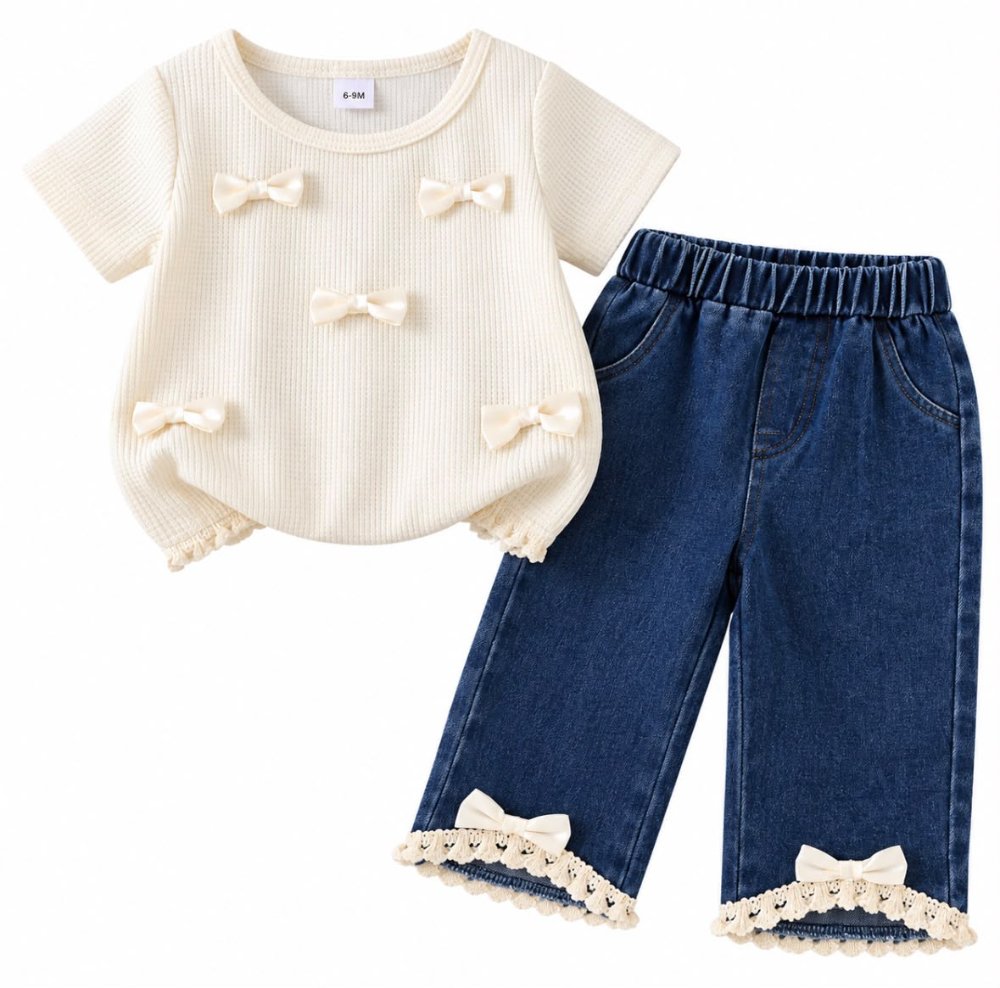 conjunto  jean azul con moños beige