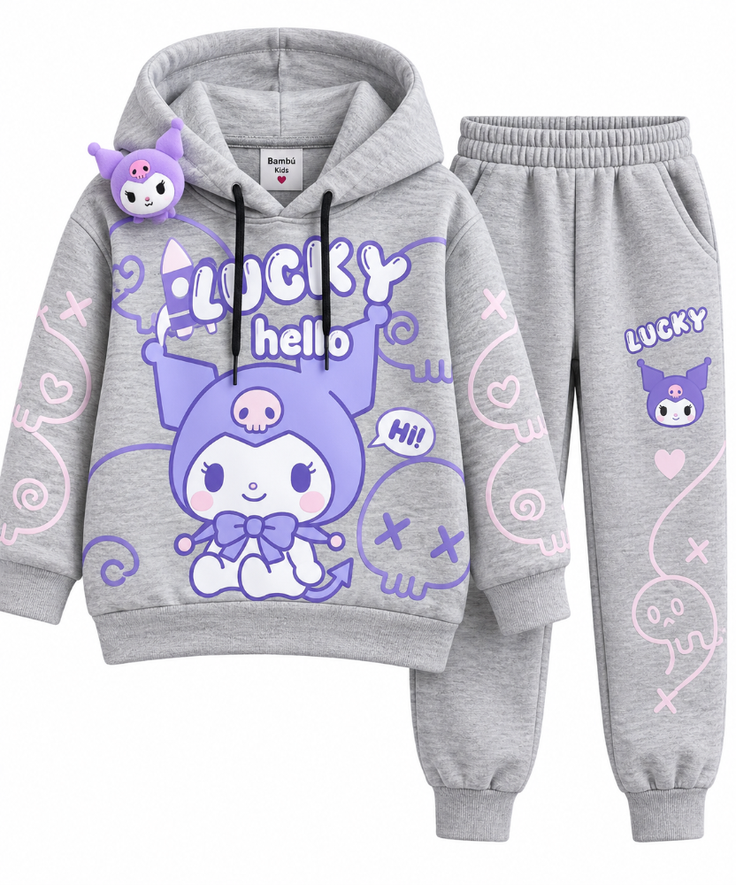 sudadera niña lucky kuromi gris 2 piezas