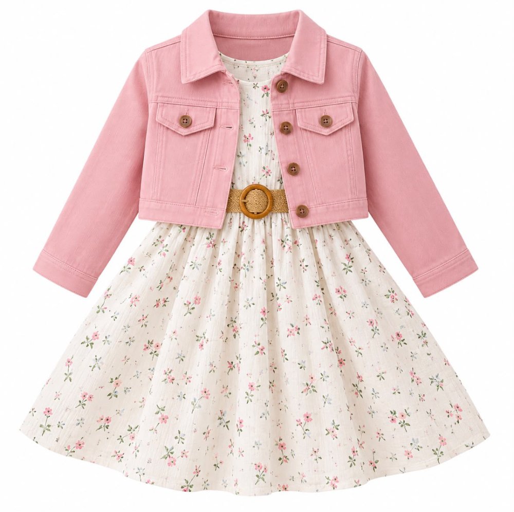 vestido floral con chaqueta rosa