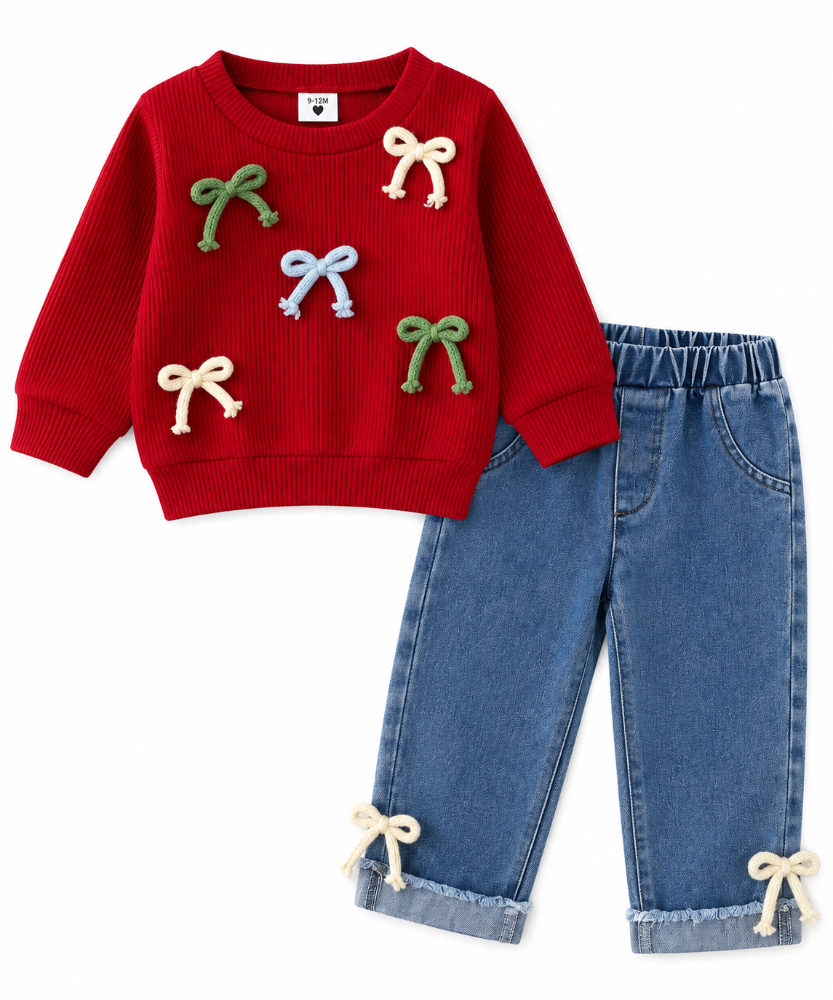 conjunto niña moños rojos