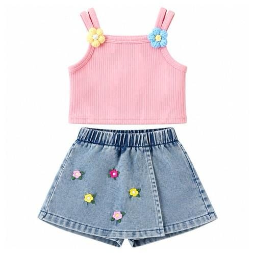 conjunto rosa flores con falda short jean