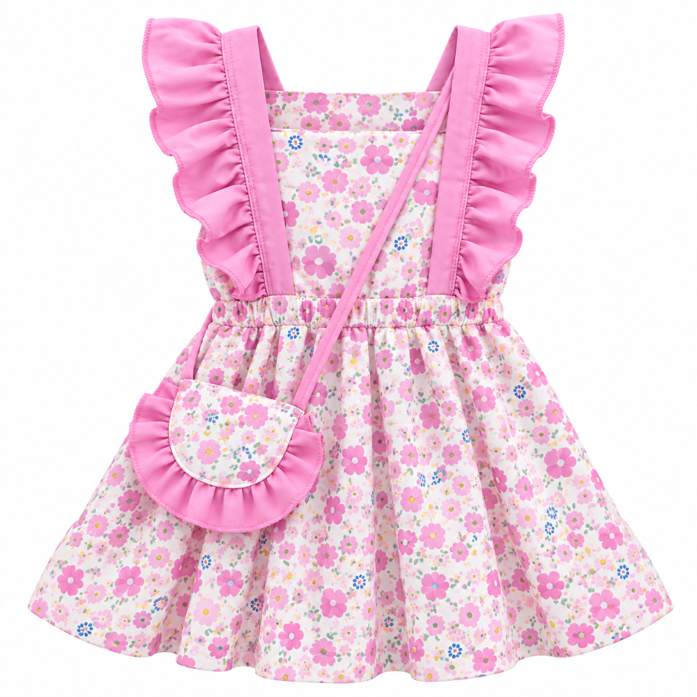 vestido floral rosa con bolso