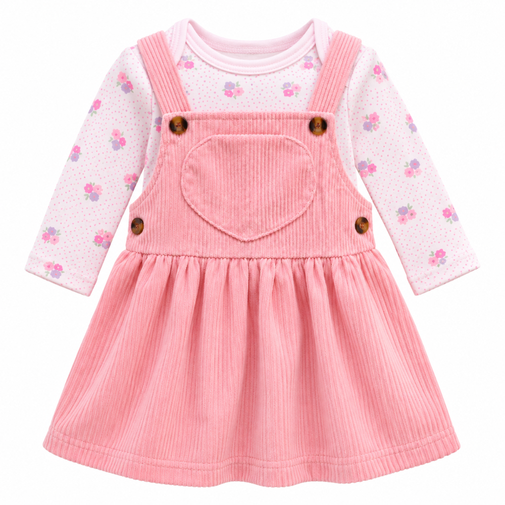 vestido jardinera rosa con blusa floral