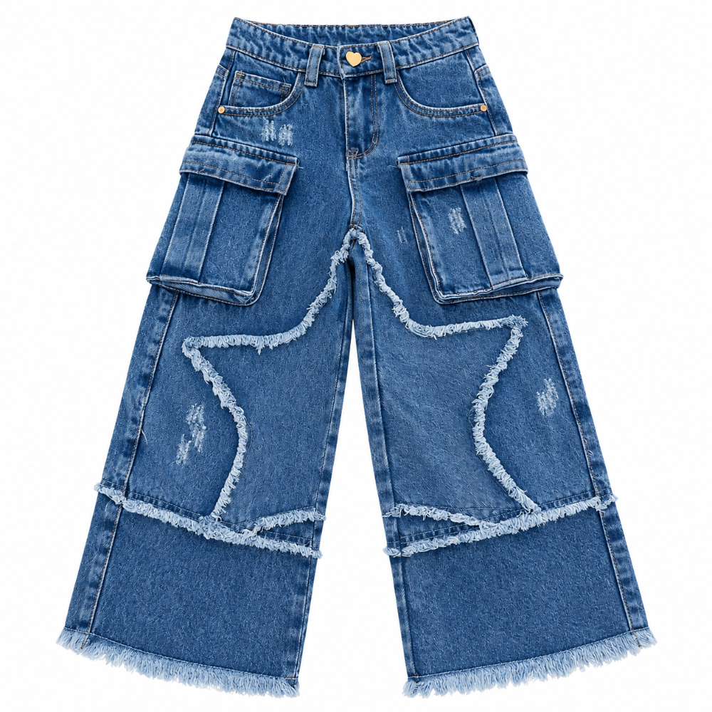 jean cargo wide leg con detalles desflecados