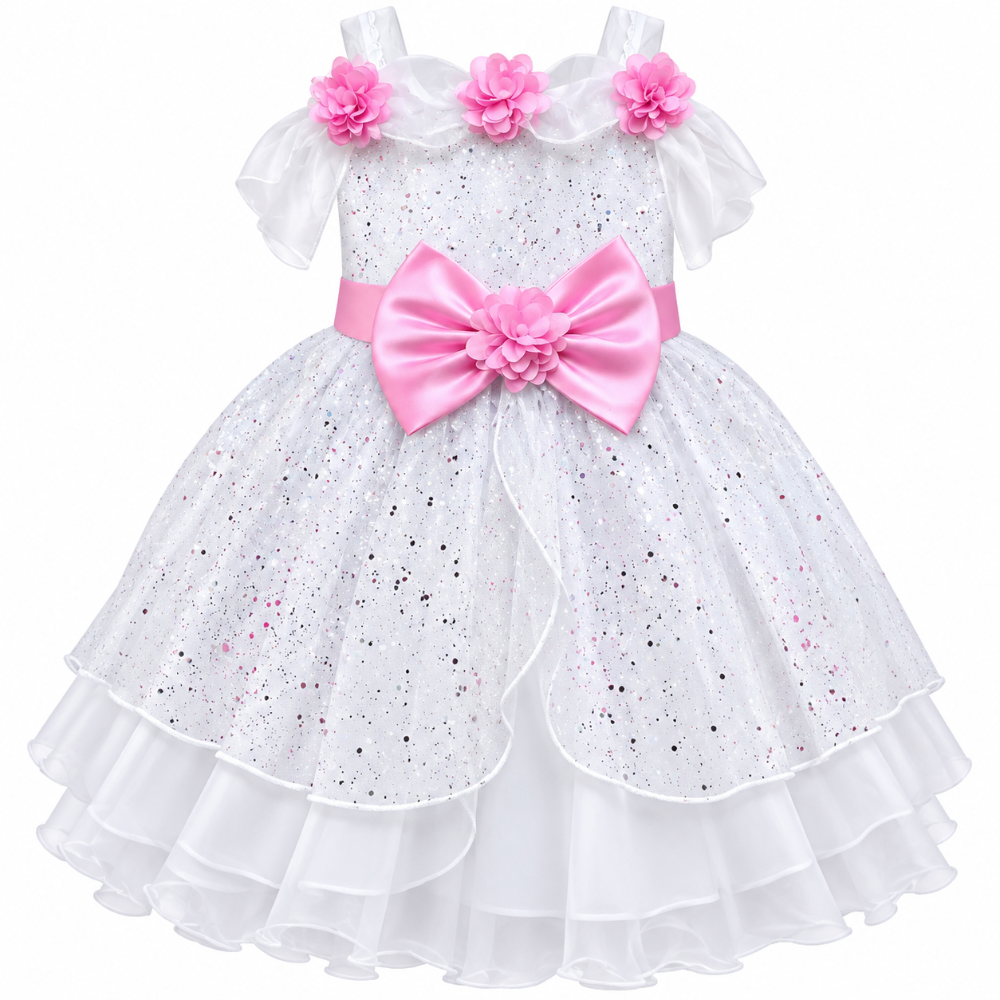 vestido princesa blanco con lazo rosa