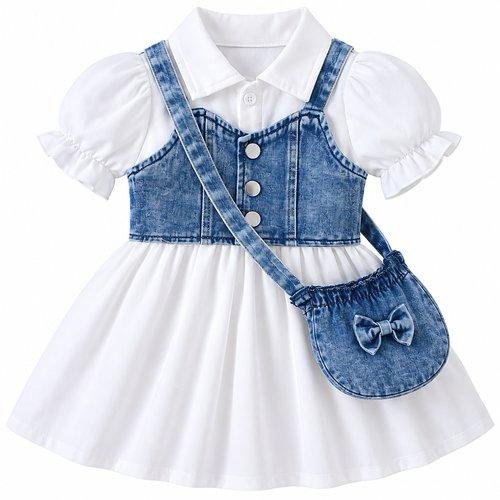 vestido blanco con chaleco denim y bolso