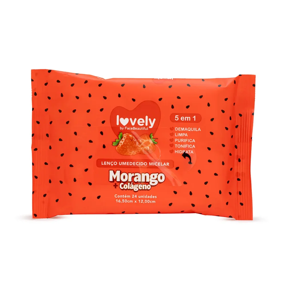 Lenço Umedecido Lovely Morango + Colageno FaceBeautiful - FB600-U