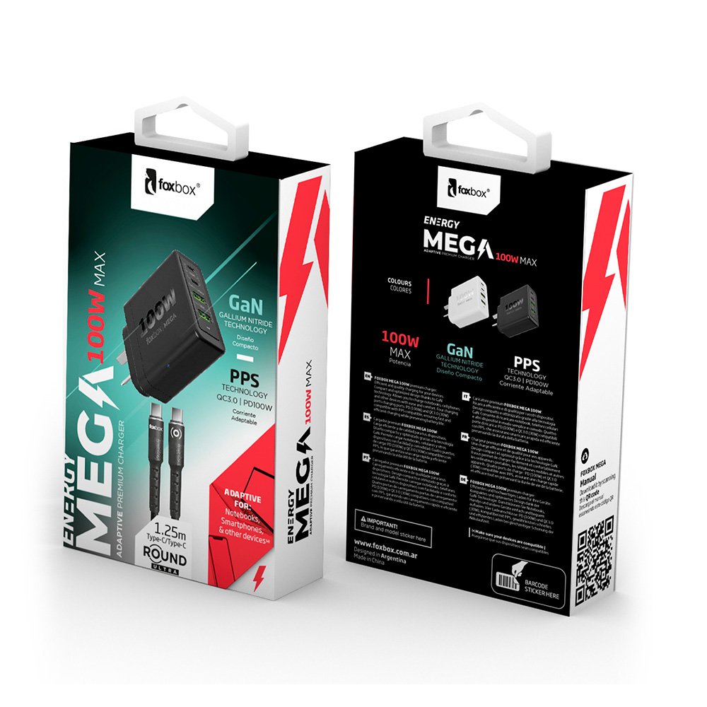 CARGADOR DE PARED GAN MEGA 100W C/CABLE ROUND ULTRA TYPE C