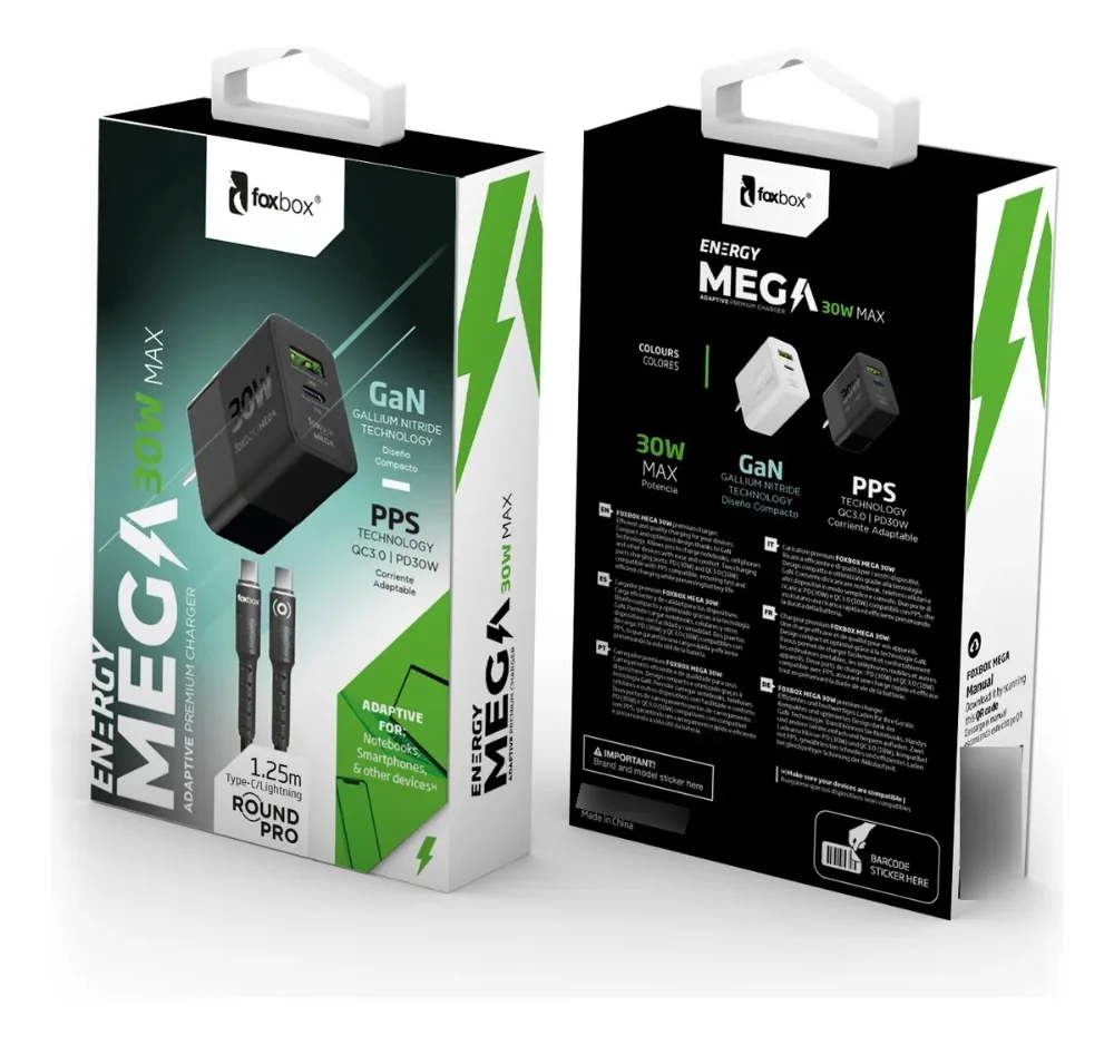 CARGADOR DE PARED GAN MEGA 30W CON CABLE ROUND PRO TYPE C