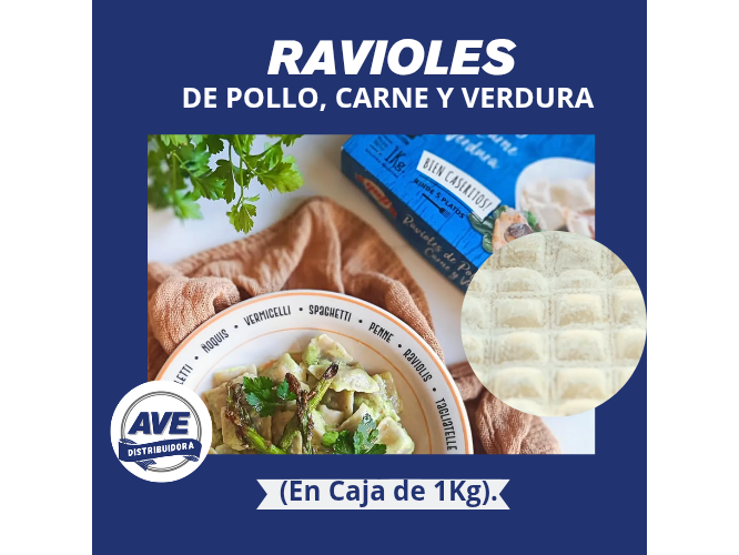 Ravioles  de Pollo, Carne y Verdura- Caja x 1kg.