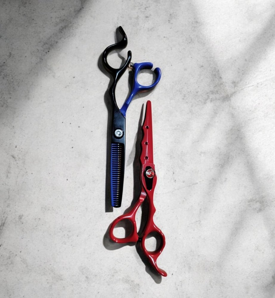 Tijera pulir negra con azul diamante + tijera corte roja con diamante Combo x2