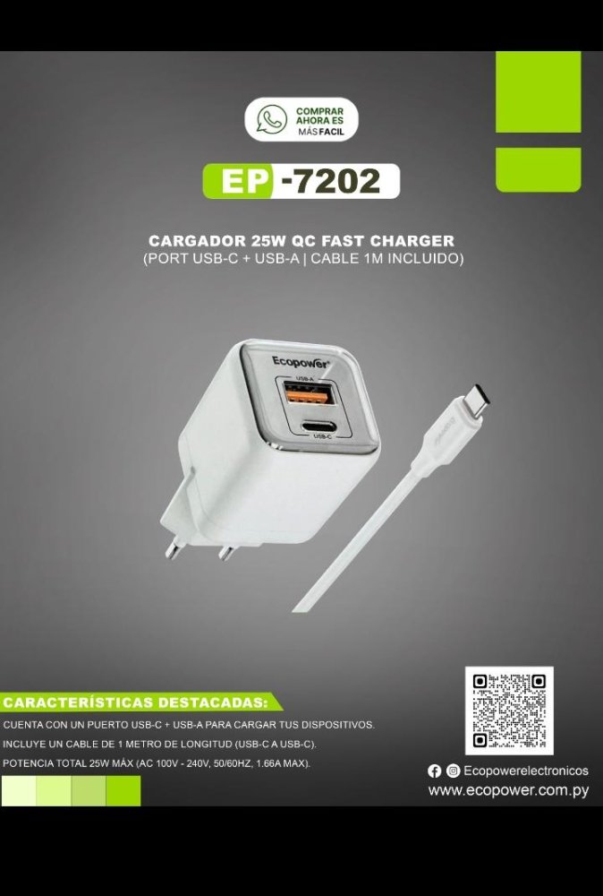 Cargador Tipo C Ecopower 25W doble entrada