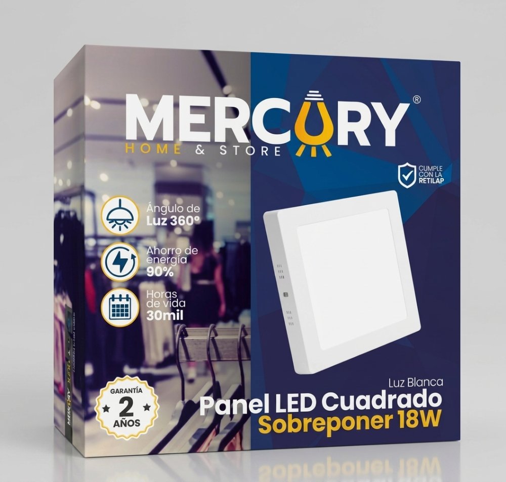 PANEL LED SOBREPONER 18W, BLANCO CUADRADO, LUZ BLANCA, MERCURY