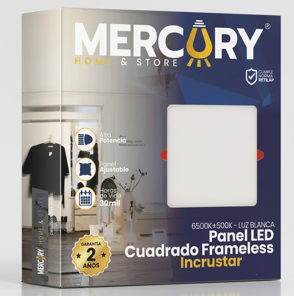 PANEL LED FRAMELESS 18W CUADRADO DE INCRUSTAR, LUZ BLANCA, MERCURY