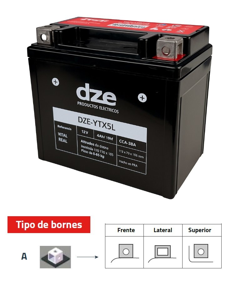 DZE-YTX5L BATERIA MOTO 12V 4 AMP 80CCA L113xAN70xAL105mm BORNE TIPO "A" POSITIVO DERECHA - HONDA CG FAN