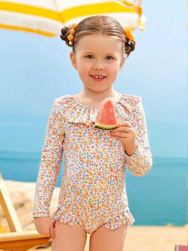 Traje de baño de niña, estampado de flores, color naranja, de manga larga y vuelo parte de cuello y parte inferior