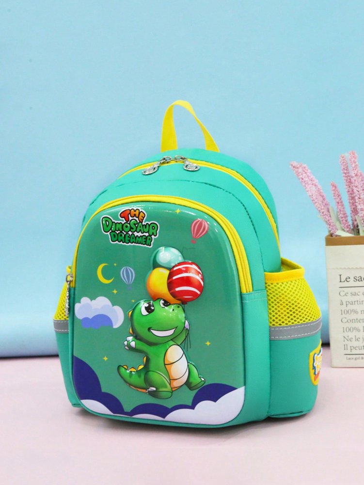 Mochila verde con amarillo, de dinosaurio con globos