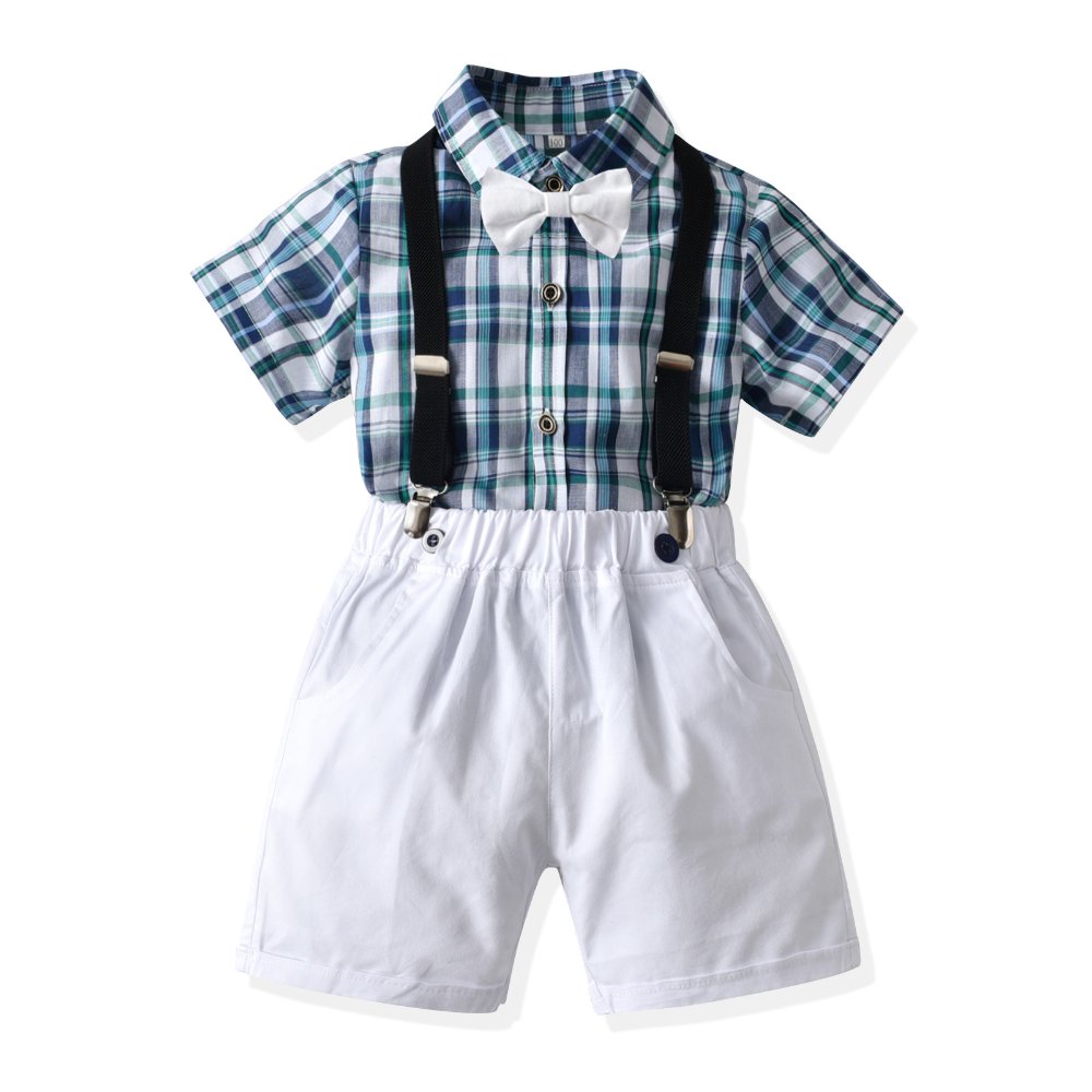 Traje de niño, traje de short y corbatín blanco, camisa cuadrada verde y tirante negro