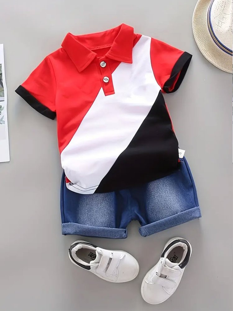 Traje de niño, traje de short jeans camisa estilo polo de tres colores, rojo, blanco y negro