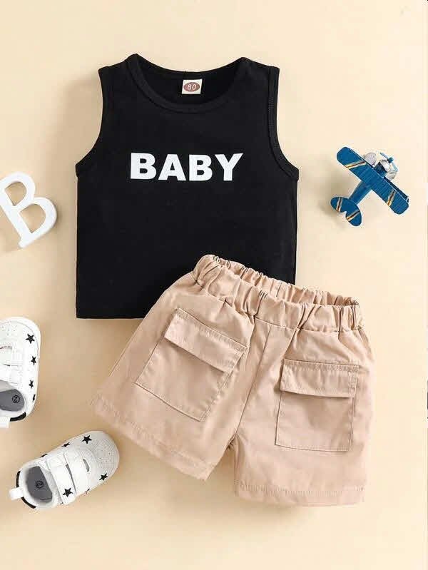 Traje de niño, traje de short crema y camisa negra letras en blanca - BABY