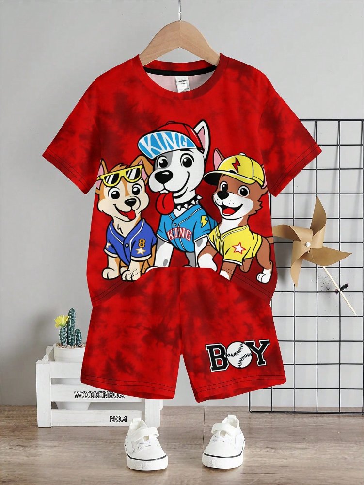 Traje de niño, traje de short rojo con camisa roja de paw patrol