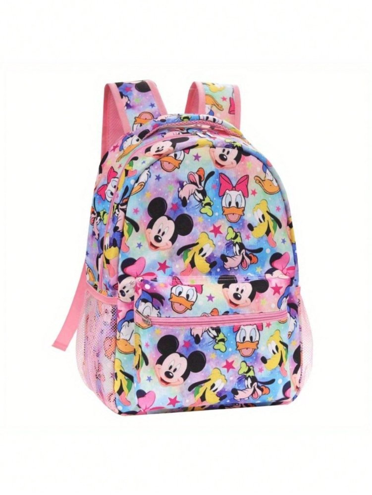 Mochila rosada con dibujos de Mickey, Donald, Deysi, Pluto