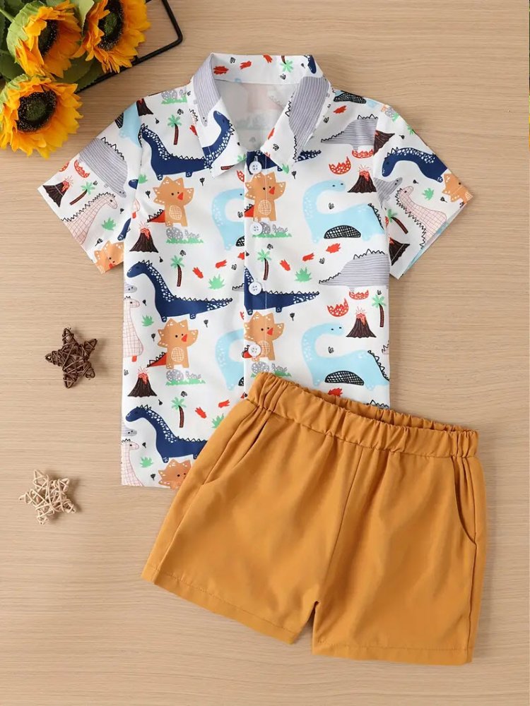 Traje de niño, traje de short café, camisa de dinosaurios